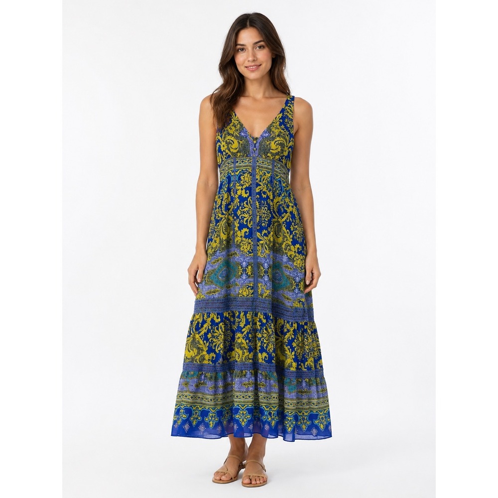Hale Bob Silk Maxi Dress S Blue Yellow Paisley Tiered Lace Trim V-Neck Boho